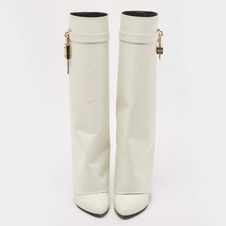 Pre Owned Givenchy White Leather Shark Lock Knee Length Boots Size 40