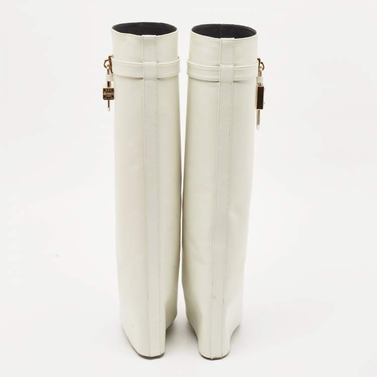 Pre Owned Givenchy White Leather Shark Lock Knee Length Boots Size 40