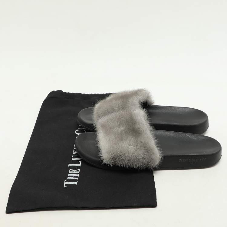 Pre Owned Givenchy Grey Mink Fur Flat Slides Size 40