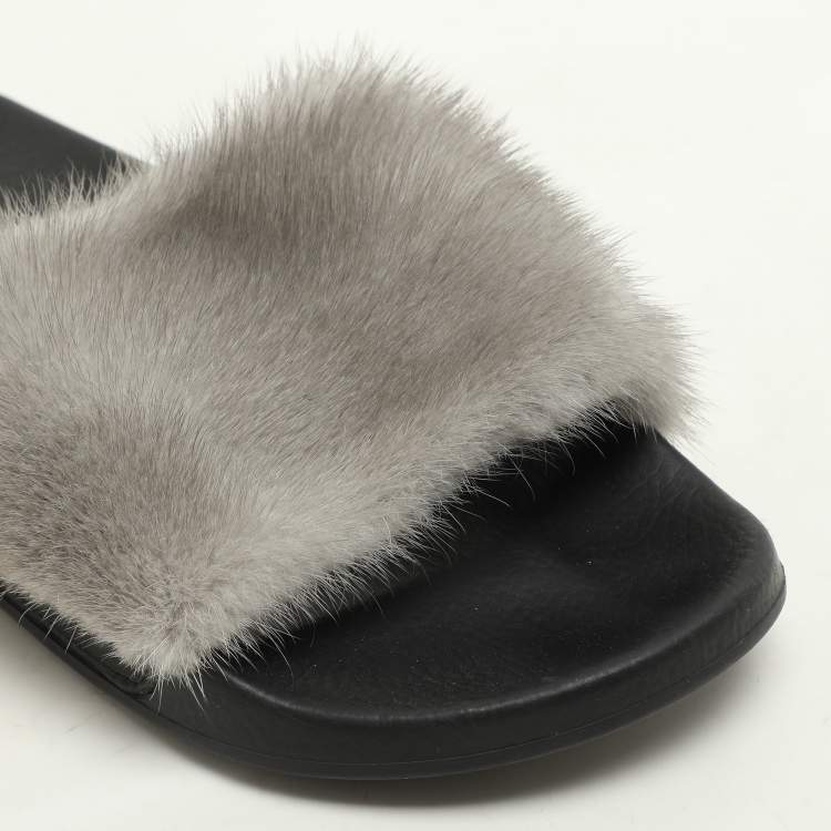 Pre Owned Givenchy Grey Mink Fur Flat Slides Size 40