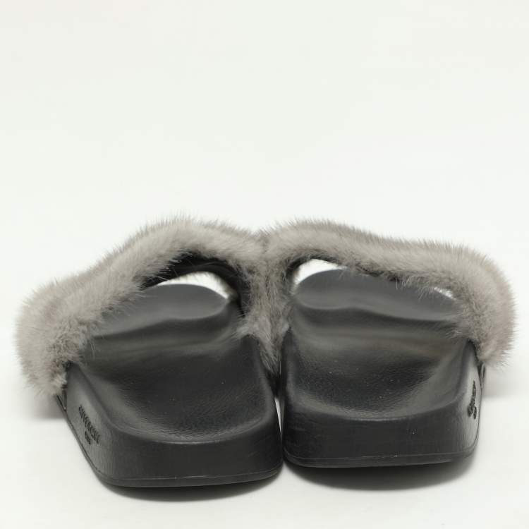 Pre Owned Givenchy Grey Mink Fur Flat Slides Size 40
