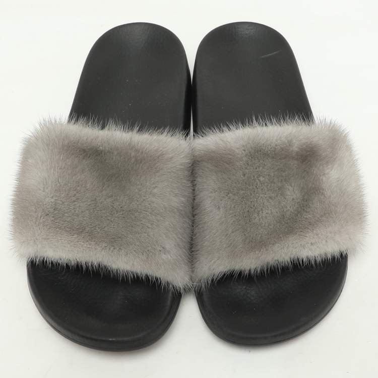 Pre Owned Givenchy Grey Mink Fur Flat Slides Size 40