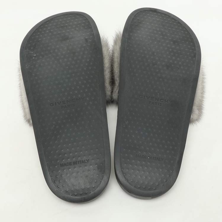 Pre Owned Givenchy Grey Mink Fur Flat Slides Size 40