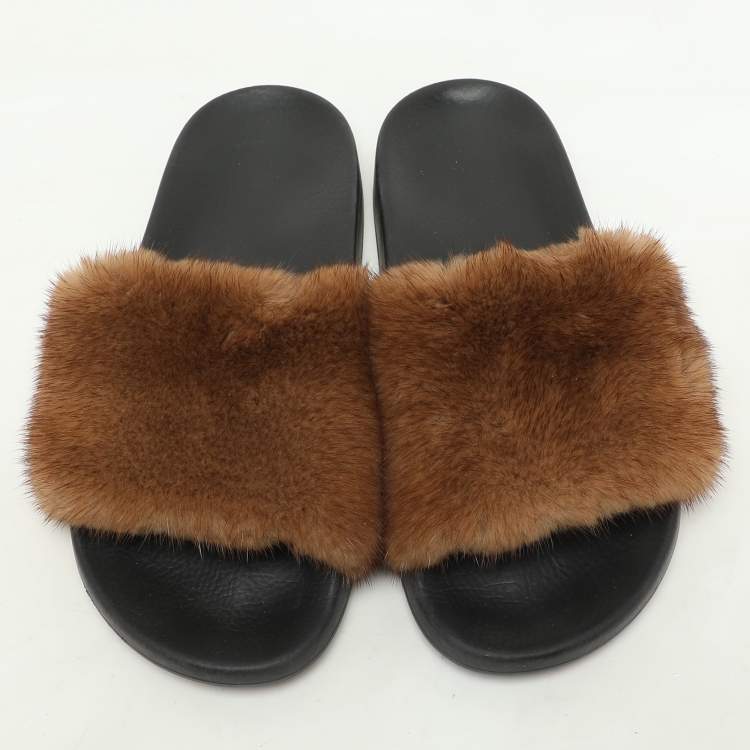 Pre Owned Givenchy Brown Mink Fur Flat Slides Size 39