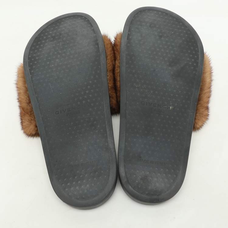 Pre Owned Givenchy Brown Mink Fur Flat Slides Size 39