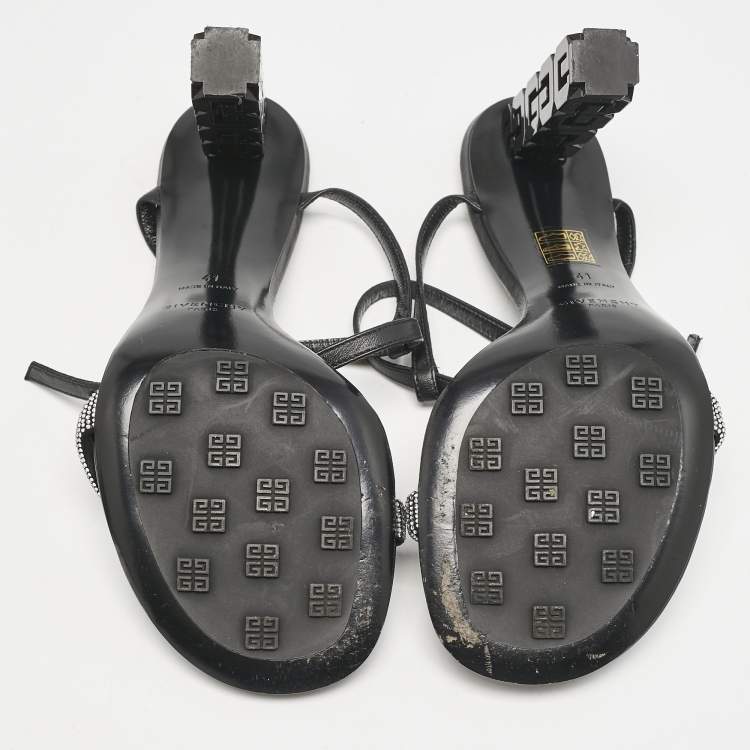 Pre Owned Givenchy Black Leather G Cube Crystal Embellished Heel Ankle Strap Sandals Size 41