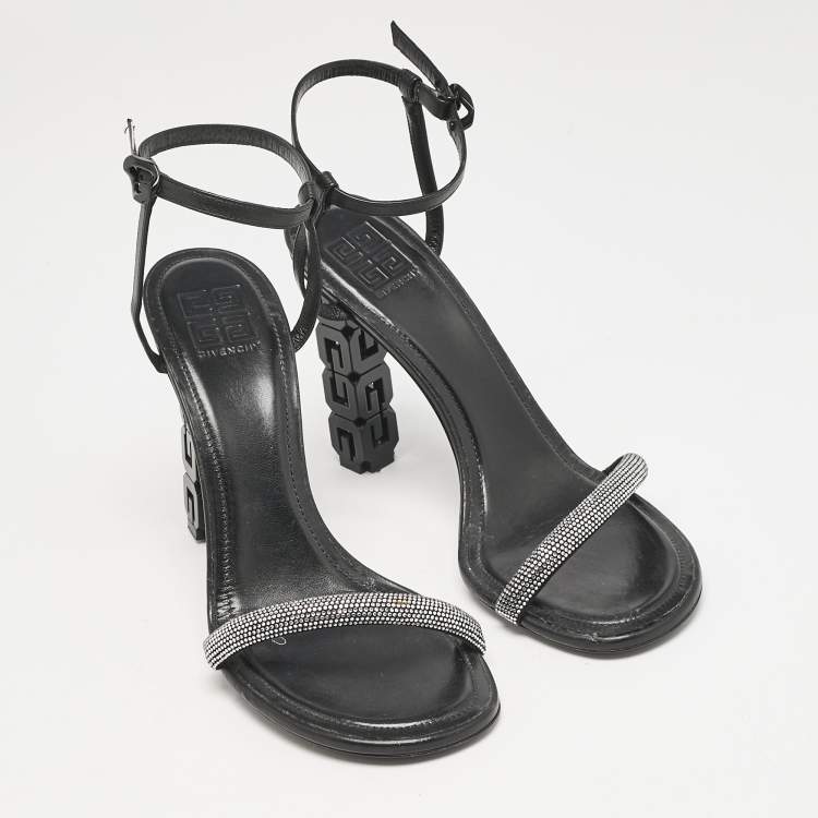 Pre Owned Givenchy Black Leather G Cube Crystal Embellished Heel Ankle Strap Sandals Size 41