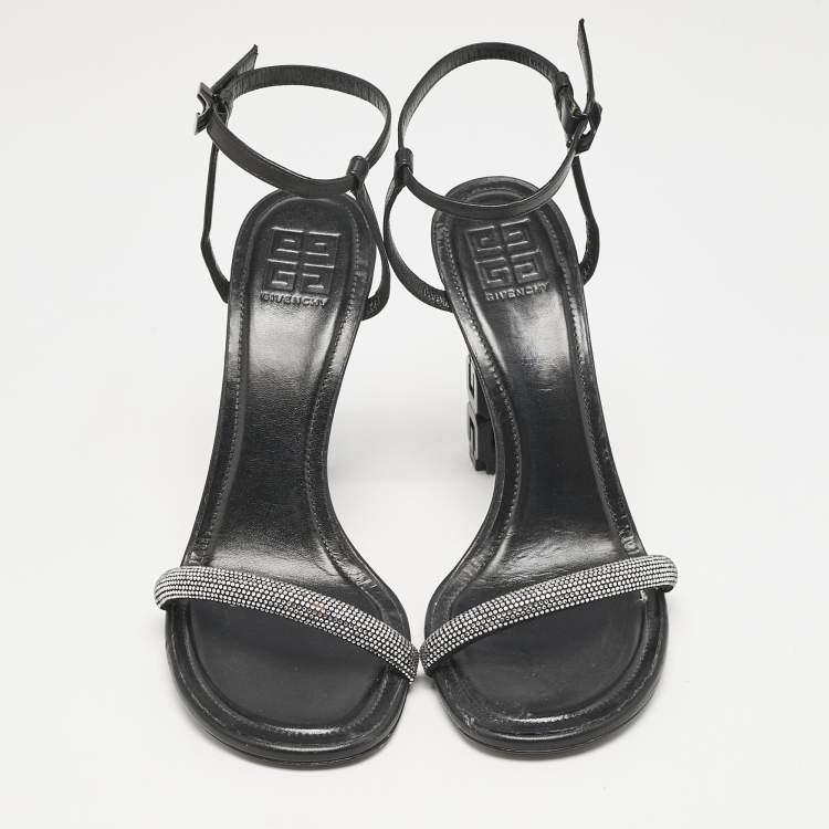 Pre Owned Givenchy Black Leather G Cube Crystal Embellished Heel Ankle Strap Sandals Size 41