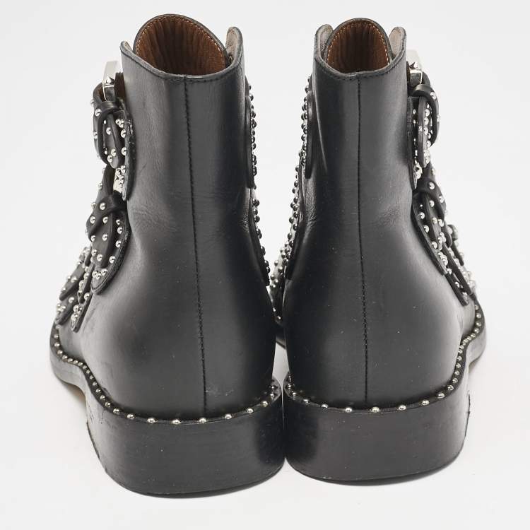Pre Owned Givenchy Black Leather Studded Buckle Detail Ankle Boots Size 37