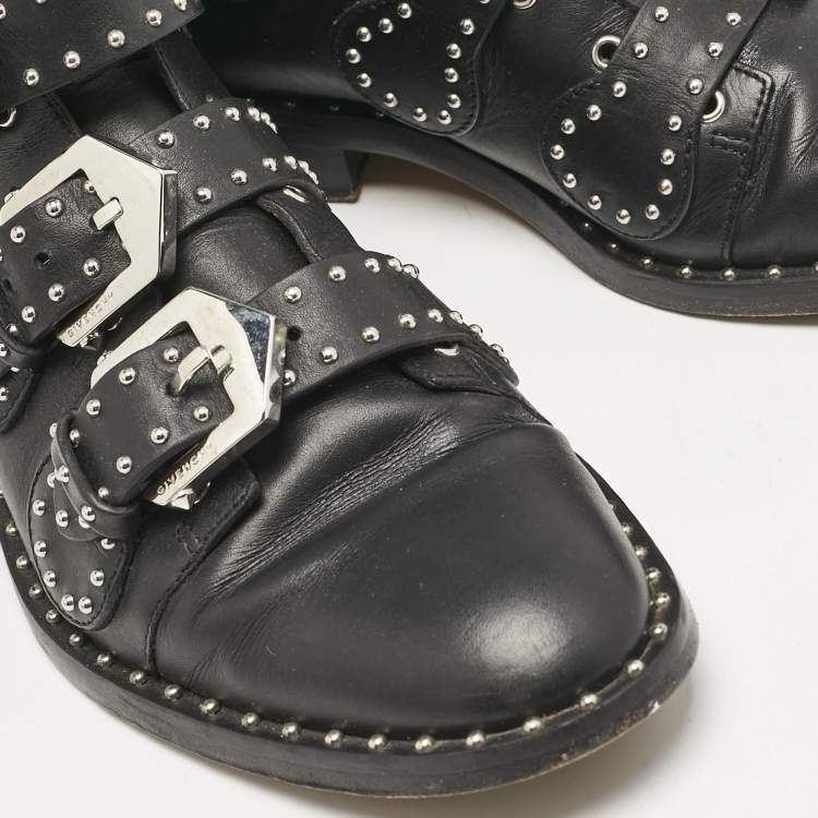 Pre Owned Givenchy Black Leather Studded Buckle Detail Ankle Boots Size 37