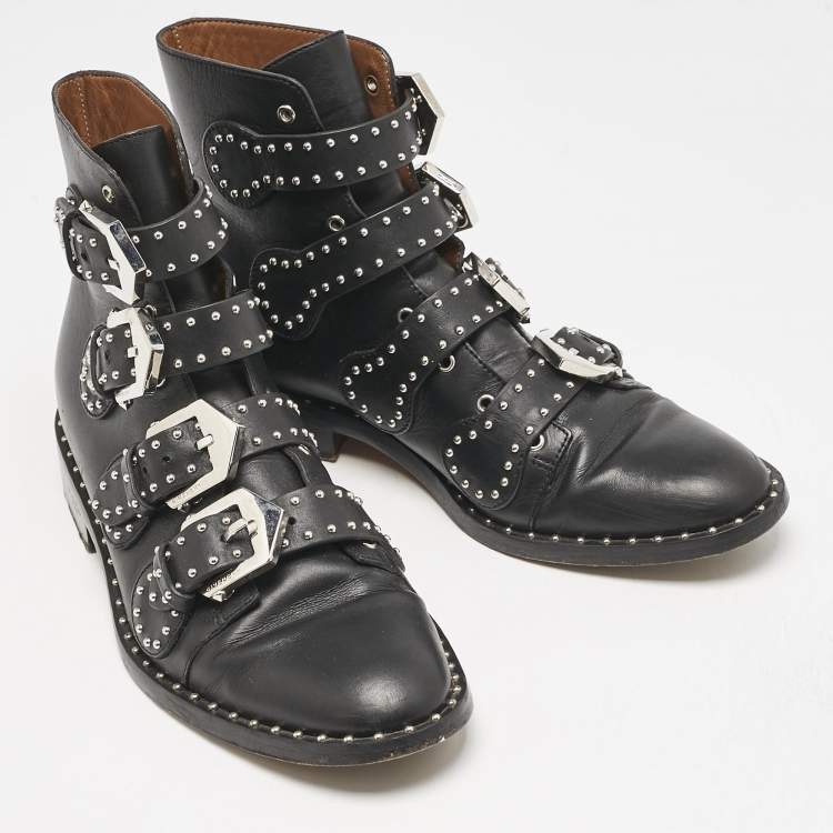 Pre Owned Givenchy Black Leather Studded Buckle Detail Ankle Boots Size 37
