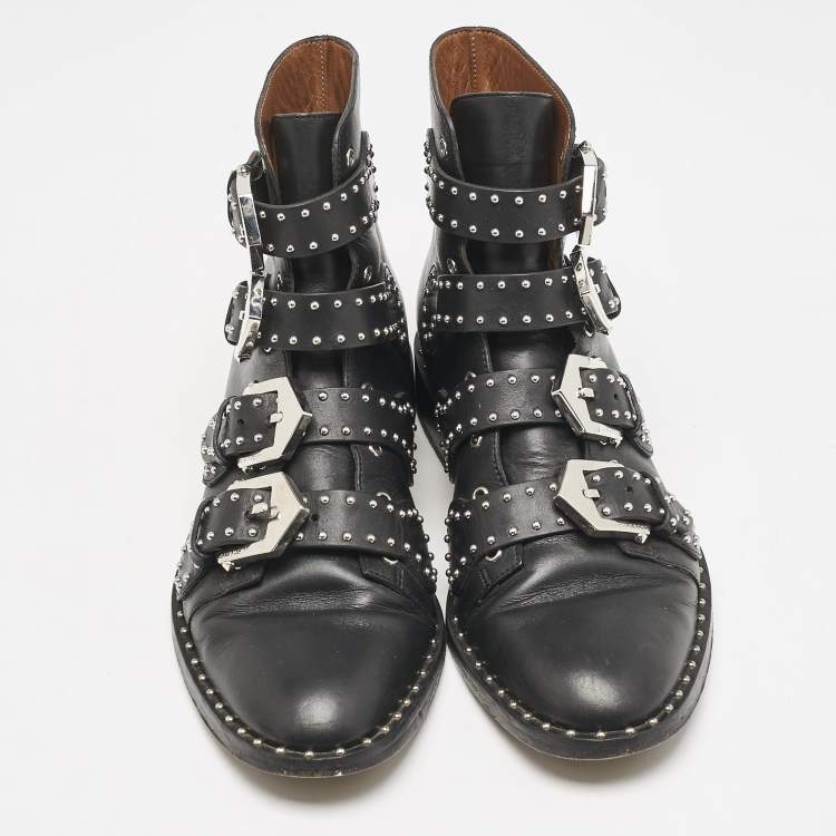 Pre Owned Givenchy Black Leather Studded Buckle Detail Ankle Boots Size 37