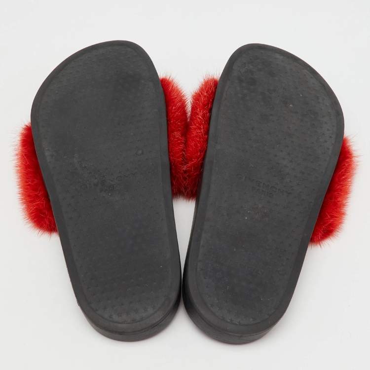 Pre Owned Givenchy Red Mink Fur Flat Slide Sandals Size 38