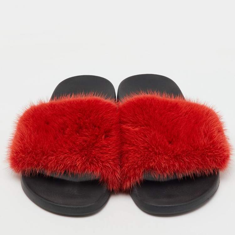 Pre Owned Givenchy Red Mink Fur Flat Slide Sandals Size 38