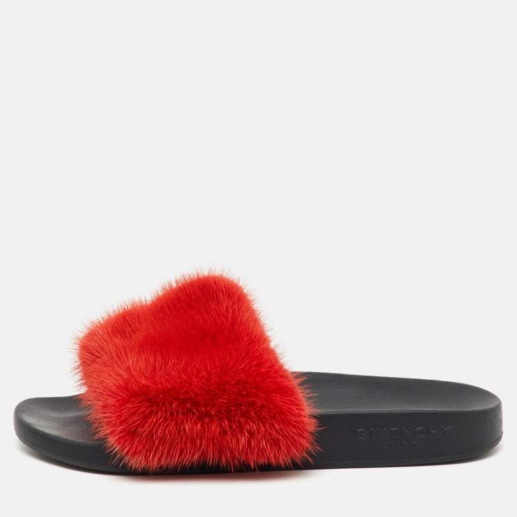 Pre Owned Givenchy Red Mink Fur Flat Slide Sandals Size 38