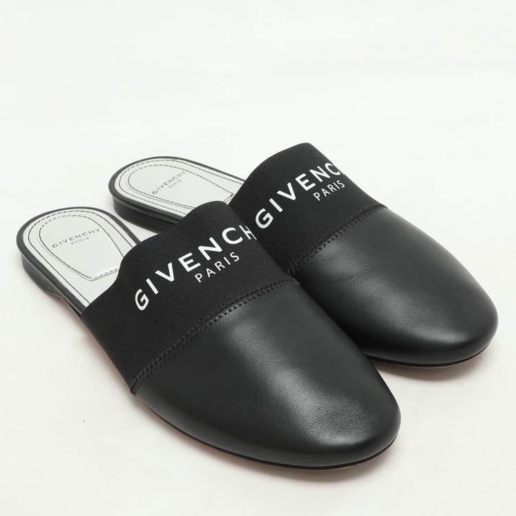 Pre Owned Givenchy Black Leather and Elastic Bedford Flat Mules Size 37.5