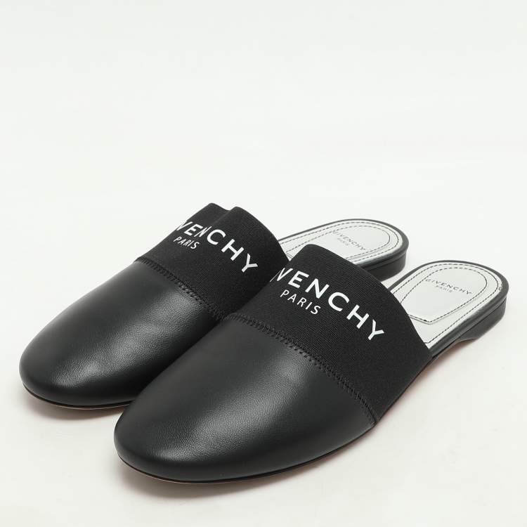 Pre Owned Givenchy Black Leather and Elastic Bedford Flat Mules Size 37.5