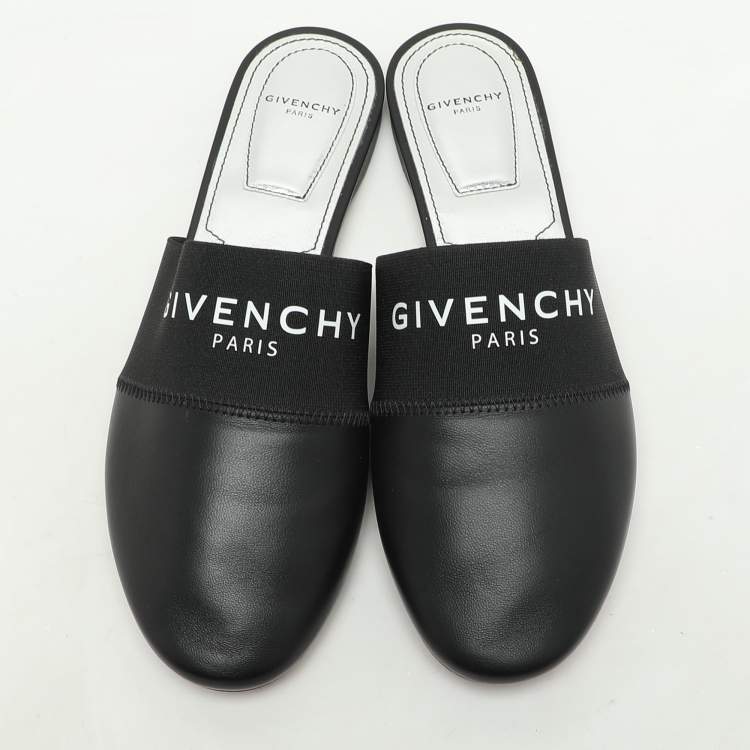Pre Owned Givenchy Black Leather and Elastic Bedford Flat Mules Size 37.5