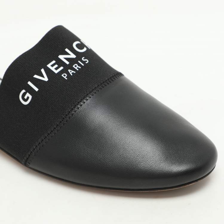 Pre Owned Givenchy Black Leather and Elastic Bedford Flat Mules Size 37.5