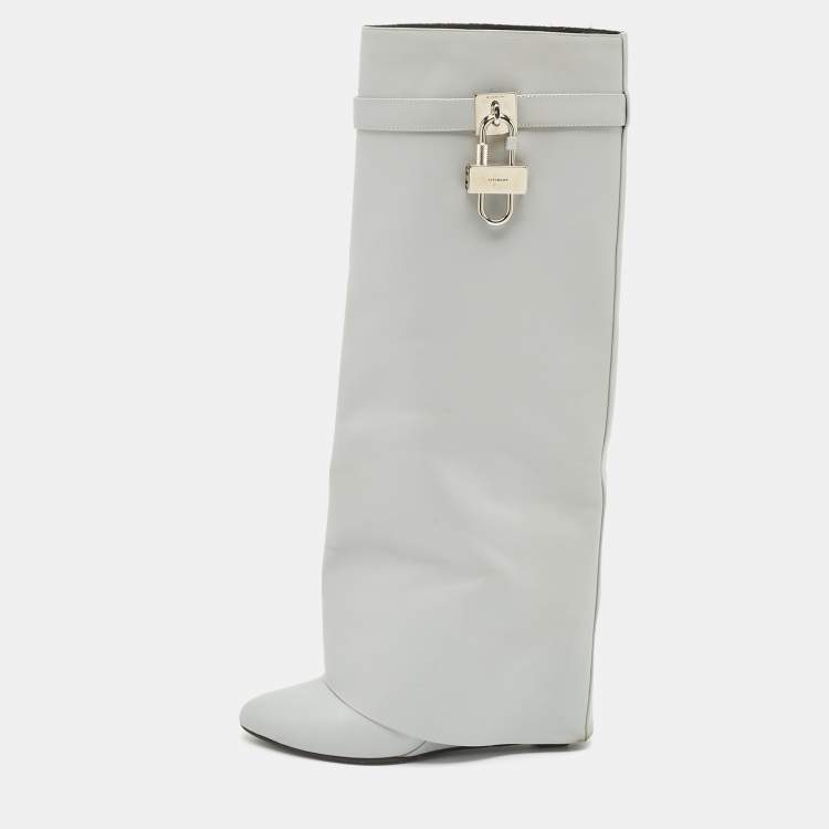 Pre Owned Givenchy Grey Leather Shark Lock Knee Length Boots Size 39