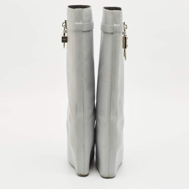 Pre Owned Givenchy Grey Leather Shark Lock Knee Length Boots Size 39
