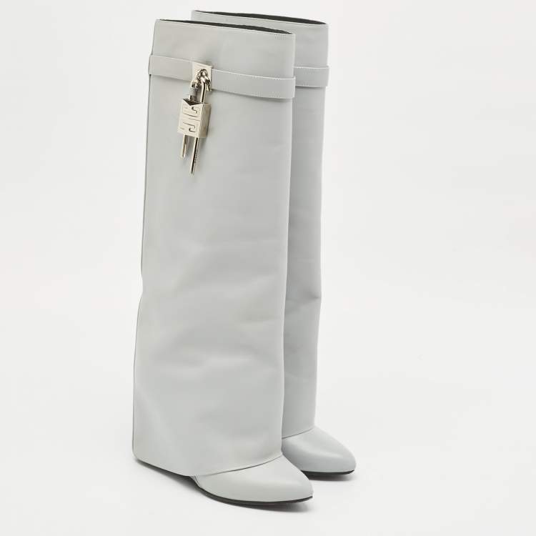 Pre Owned Givenchy Grey Leather Shark Lock Knee Length Boots Size 39