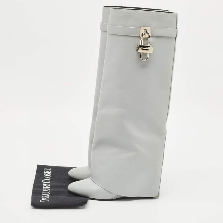 Pre Owned Givenchy Grey Leather Shark Lock Knee Length Boots Size 39
