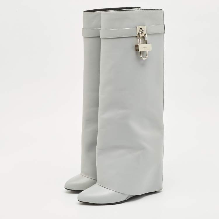 Pre Owned Givenchy Grey Leather Shark Lock Knee Length Boots Size 39