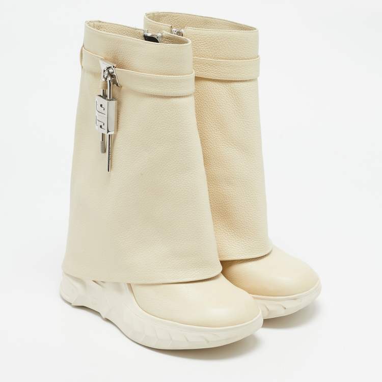 Pre Owned Givenchy Cream Leather Shark Lock Mid Calf Boots Size 39