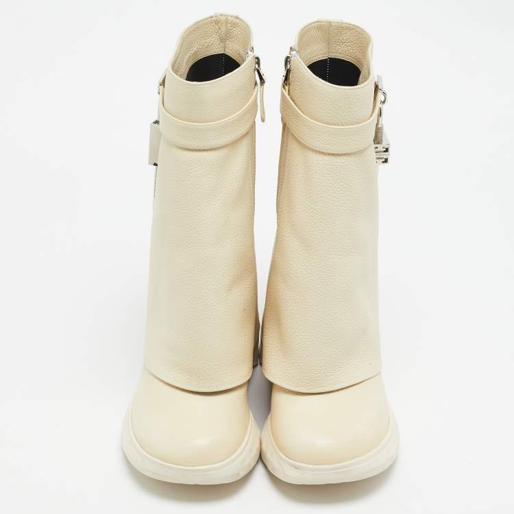 Pre Owned Givenchy Cream Leather Shark Lock Mid Calf Boots Size 39