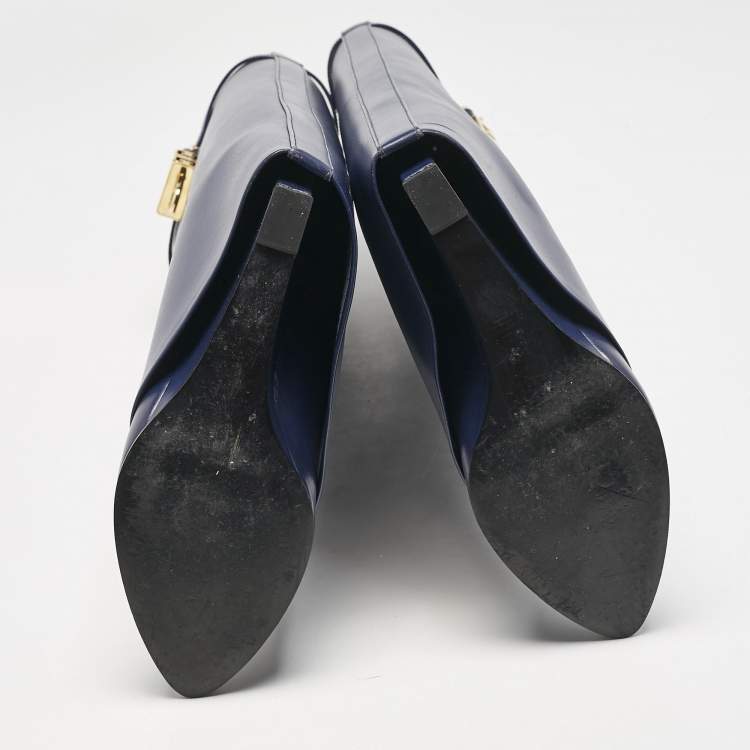 Pre Owned Givenchy Navy Blue Leather Shark Lock Knee Length Boots Size 39