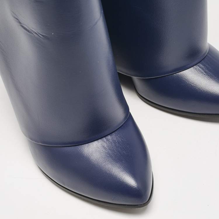 Pre Owned Givenchy Navy Blue Leather Shark Lock Knee Length Boots Size 39