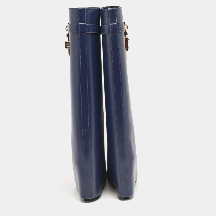 Pre Owned Givenchy Navy Blue Leather Shark Lock Knee Length Boots Size 39