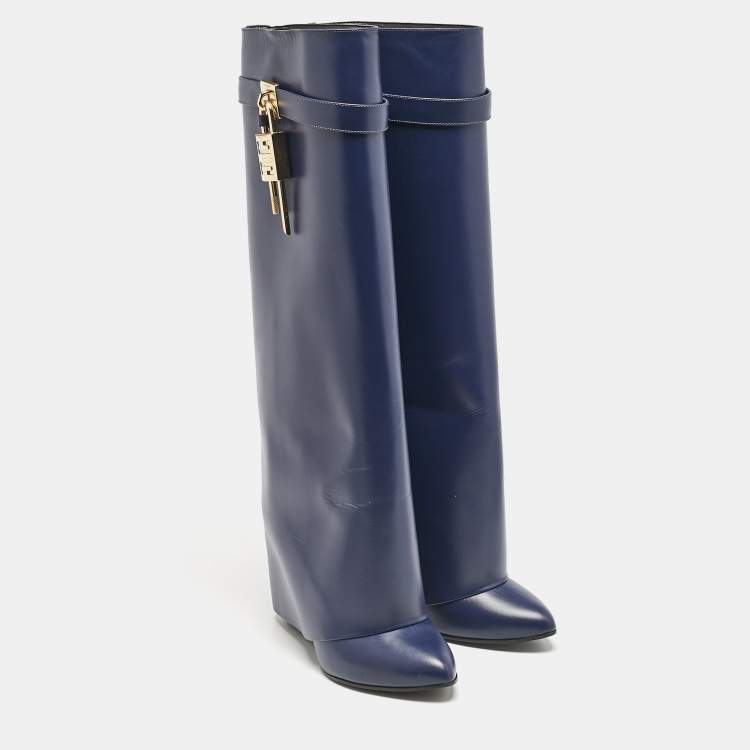 Pre Owned Givenchy Navy Blue Leather Shark Lock Knee Length Boots Size 39