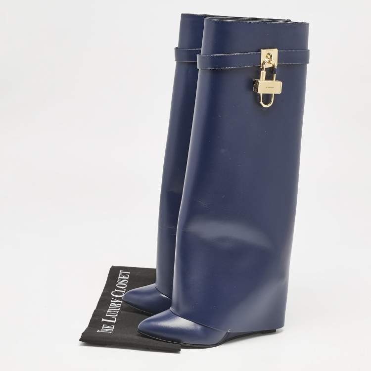 Pre Owned Givenchy Navy Blue Leather Shark Lock Knee Length Boots Size 39