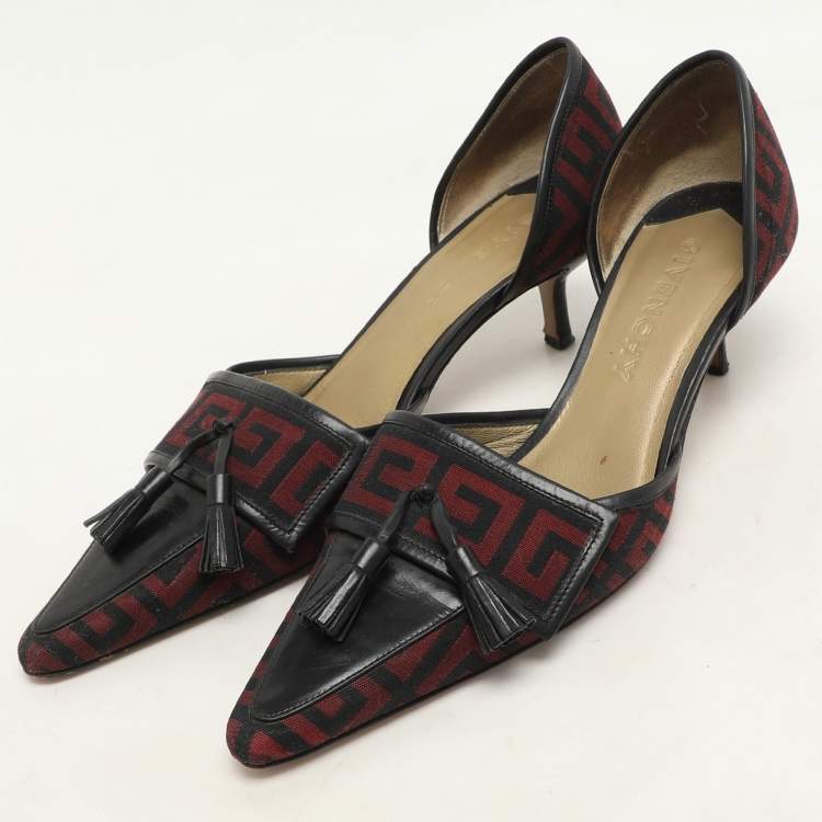 Pre Owned Givenchy Black/Red Signature Canvas and Leather Tassel D'orsay Pumps Size 38