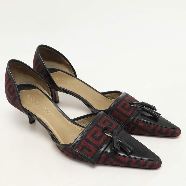 Pre Owned Givenchy Black/Red Signature Canvas and Leather Tassel D'orsay Pumps Size 38