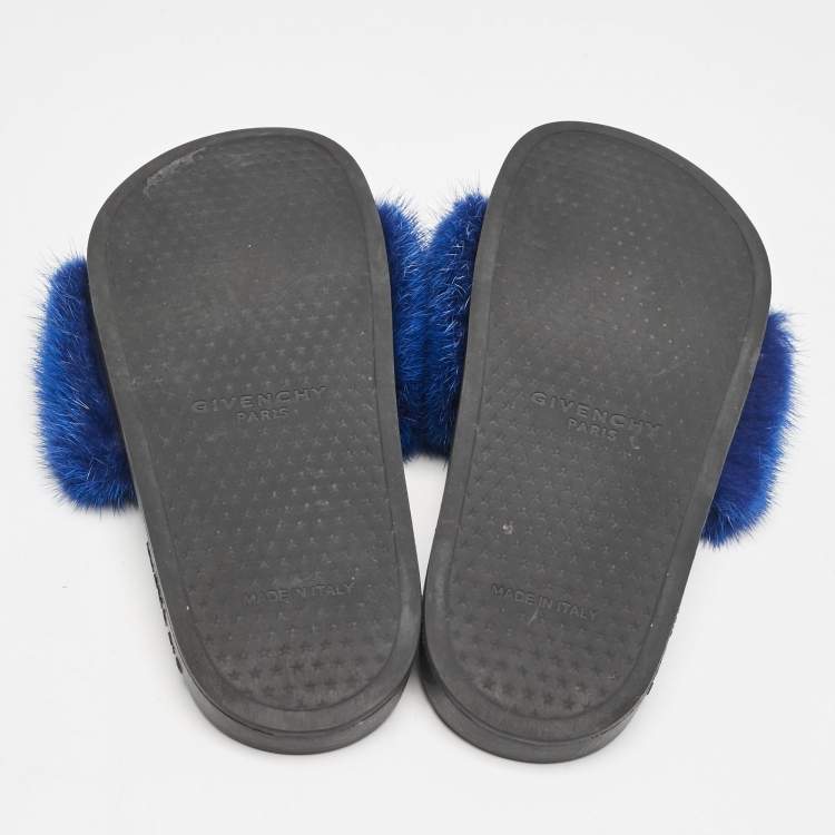 Pre Owned Givenchy Blue Mink Fur Pool Slide Flats Size 36