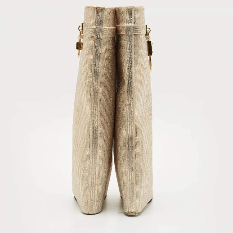 Pre Owned Givenchy Gold Satin Crystal Embellished Shark Lock Knee Length High Boots Size 39