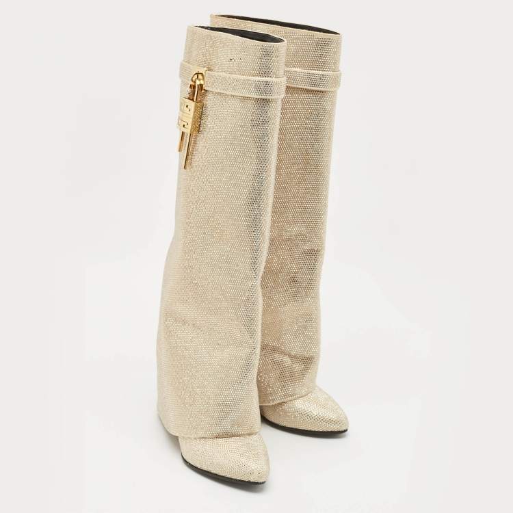 Pre Owned Givenchy Gold Satin Crystal Embellished Shark Lock Knee Length High Boots Size 39