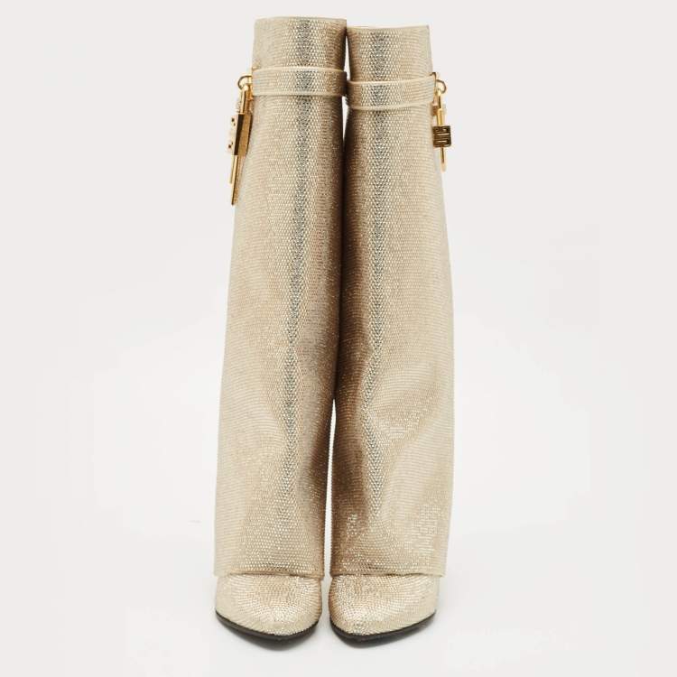 Pre Owned Givenchy Gold Satin Crystal Embellished Shark Lock Knee Length High Boots Size 39