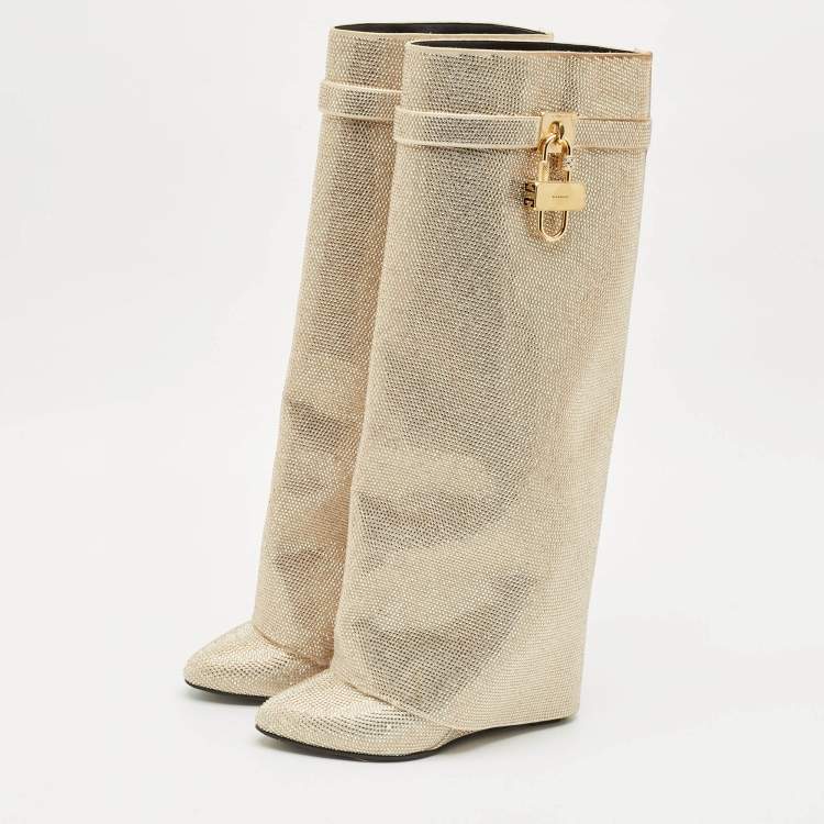 Pre Owned Givenchy Gold Satin Crystal Embellished Shark Lock Knee Length High Boots Size 39