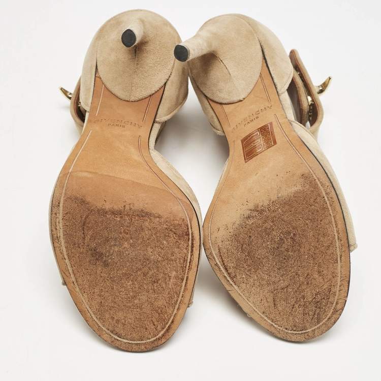 Pre Owned Givenchy Beige Suede Shark Lock Ankle Wrap Sandals Size 35