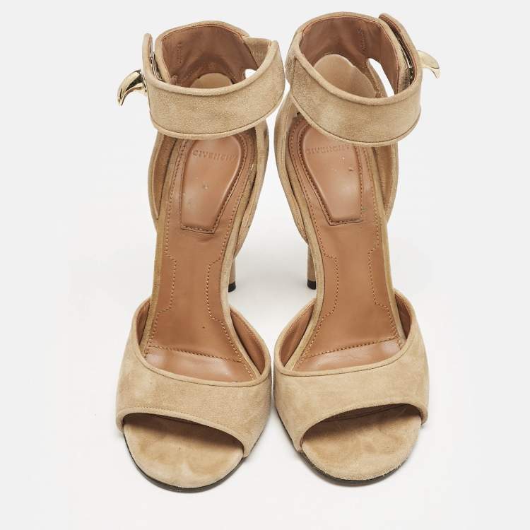 Pre Owned Givenchy Beige Suede Shark Lock Ankle Wrap Sandals Size 35