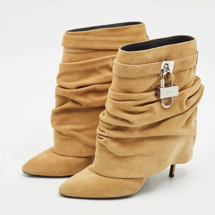 Pre Owned Givenchy Beige Suede Shark Lock Slouchy Silhouette Ankle Boots Size 40