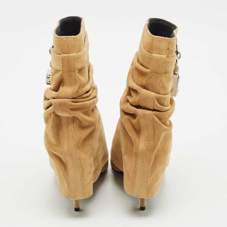 Pre Owned Givenchy Beige Suede Shark Lock Slouchy Silhouette Ankle Boots Size 40