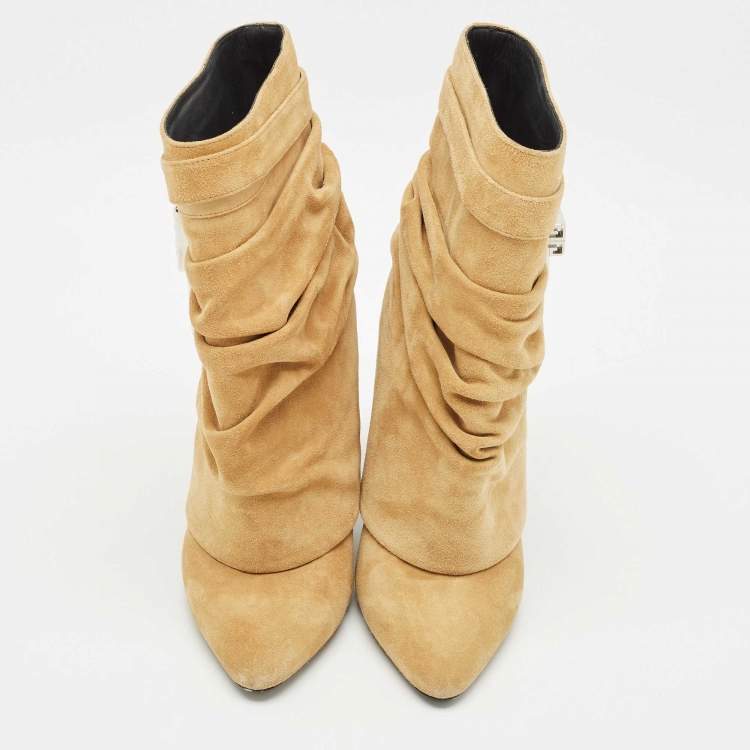 Pre Owned Givenchy Beige Suede Shark Lock Slouchy Silhouette Ankle Boots Size 40