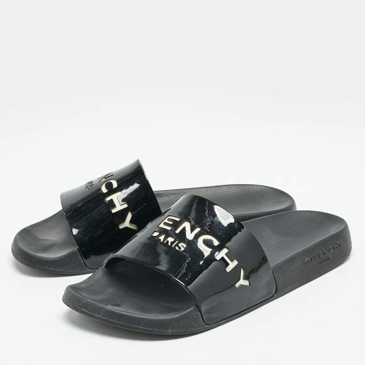 Pre Owned Givenchy Black Leather Pool Slides Size 39