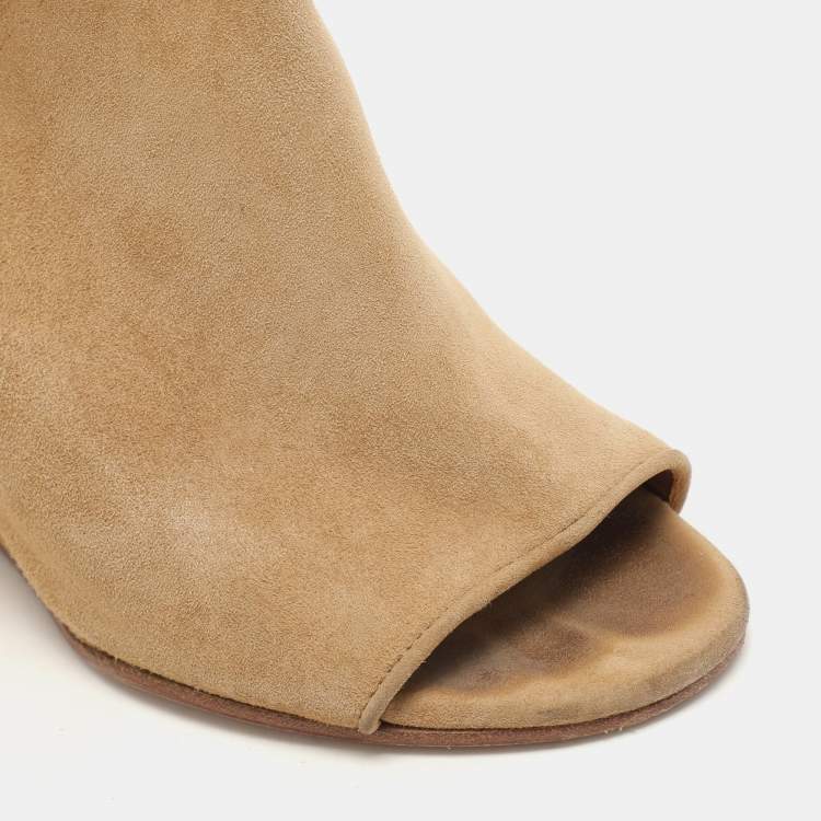 Pre Owned Givenchy Beige Suede Shark Lock Peep-Toe Wedge Booties Size 35