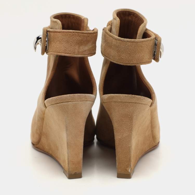 Pre Owned Givenchy Beige Suede Shark Lock Peep-Toe Wedge Booties Size 35